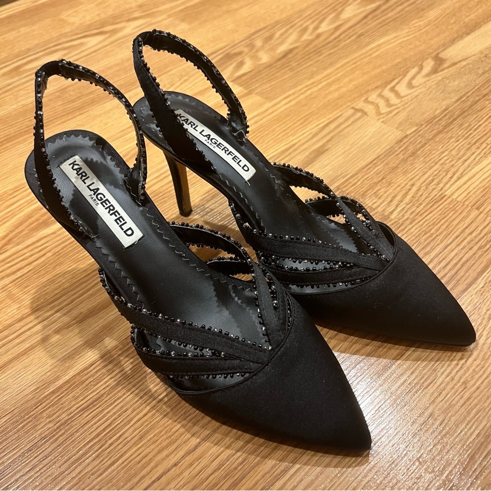 Karl Lagerfeld Black Peau de Soie Beaded Sling Back Pumps sz 7‎